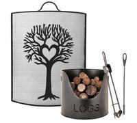 Dibor Traditional Stag Fire Screen Fireguard H68cm x W53cm with Country Logs Bucket with Poker & Tongs in Black Dibor Black