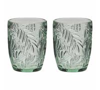 Dibor Tumblers Set of 2 Palm Leaf Embossed Green Glassware Set