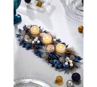 Dibor Twilight Trimmings Candle Holder - Triple Votive Christmas Centrepiece In Royal Blue And Natural Finish