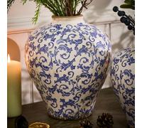 Dibor Vintage Solene Large Blue Botanical Round Flower Vase H28 x Dia23cm in Cream Dibor Cream Large