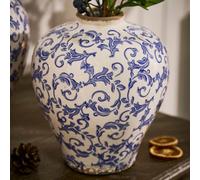 Dibor Vintage Solene Small Blue Botanical Round Flower Vase H23 x Dia19cm in Cream Dibor Cream Small