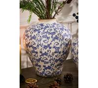 Dibor Vintage Solene Large Blue Botanical Round Flower Vase H28 x Dia23cm in Cream Dibor Cream Large