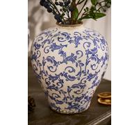 Dibor Vintage Solene Small Blue Botanical Round Flower Vase H23 x Dia19cm in Cream Dibor Cream Small