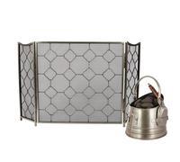 Dibor Vintage Style Pewter Footed Fire Screen Guard H63cm x W106cm with Coal & Log Storage Bucket & Shovel in Silver Dibor Silver