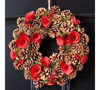 Dibor Vintage Style Red Berries And Roses Festive Decor Autumn-Winter Front Door Wreath Christmas Wreath 35Cm
