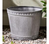 Dibor Vintage Style Rippled Grey Planter Galvanised Trough Bucket Flower Pot Embossed Round Outdoor Garden Planter (H)31Cm, (Dia) 25Cm