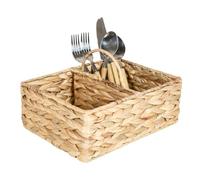 Dibor Water Hyacinth Utensil Holder Cutlery Basket with Carrying Handle Two Compartment Cutlery Organiser Condiment Holder Kitchen Worktop Dining Table Cutlery Caddy Storage