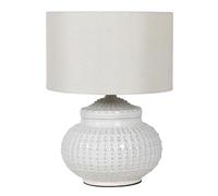 Dibor White Ceramic Table Lamp with Embossed Finish E27 Bulb Lighting | Linen Shade, Table Lamp, E27 Bulb, Vintage Style