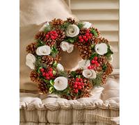 Dibor White Roses & Berries Preserved Indoor Wreath 35Cm - Pinecones, Wooden Roses, Red Berries, Jute Rope