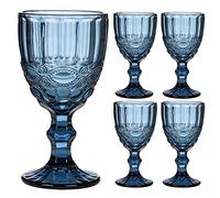 Dibor Wine Glasses Set of 4 Embossed Vintage Style Baroque Wine Goblet Glassware Set Dishwasher Safe Wine Glass Set Colourful Footed Chalice Tumblers (Blue)
