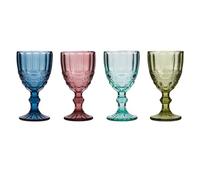 Dibor Wine Glasses Set of 4 Embossed Vintage Style Baroque Wine Goblet Glassware Set Dishwasher Safe Wine Glass Set Colourful Footed Chalice Tumblers (Assorted)