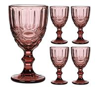 Dibor Wine Glasses Set of 4 Embossed Vintage Style Baroque Wine Goblet Glassware Set Dishwasher Safe Wine Glass Set Alfresco Dining Glassware (Pink)