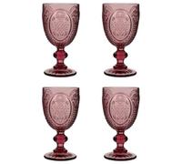 Dibor Wine Glasses Set of 4 Embossed Vintage Style Wine Goblet Glassware Set Dishwasher Safe Wine Glass Set Colourful Baroque Footed Wine Chalice Tumblers (Pink)