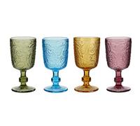 Dibor Wine Glasses Set of 4 Multicolour Drinking Glasses with Vintage Style Paisley Embossed Finish 300ml Dishwasher Safe Alfresco Dining Table Glassware (Assorted)