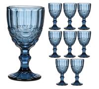 Dibor Wine Glasses Set of 8 Embossed Vintage Style Baroque Wine Goblet Glassware Set Dishwasher Safe Wine Glass Set Colourful Footed Chalice Tumblers (Blue)