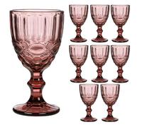 Dibor Wine Glasses Set of 8 Embossed Vintage Style Baroque Wine Goblet Glassware Set Dishwasher Safe Wine Glass Set Colourful Footed Wine Chalice Tumblers (Pink)