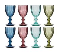 Dibor Wine Glasses Set of 8 Embossed Vintage Style Baroque Wine Goblet Glassware Set Dishwasher Safe Wine Glass Set Colourful Footed Chalice Tumblers (Assorted)
