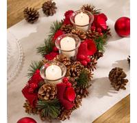 Dibor Winter Red Rose Trio Tealight Xmas Table Decoration Centrepiece Christmas Décor Candle Holder