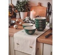 Dibor Winter Snowflake Stoneware Bowls Set Of 8, Emerald Green With White Snowflake Detail, 14.2 Cm Diameter.