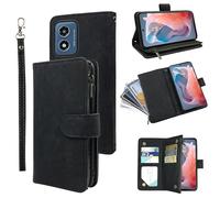 Dibosom Wallet Case for Motorola Moto G Play 4G 2024 with Wrist Strap Lanyard and Premium Vintage Leather Flip Credit Card Holder Stand Accessories Cell Phone Cover for XT2413V XT2413-1 64GB Black
