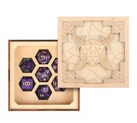 Dice Storage Container with 7 Purple Polyhedral Dices, RPG Accessories, Wooden Board Game Storage Box, D20 Dual Swords Design Dice Case, Tabletop Gaming Organizer, D&D Gifts for Player