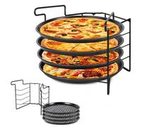 diceevil 4-Piece 11" Perforated Non-Stick Carbon Steel Pizza Pan Set | Rack included, oven crisper baking, family gatherings, home entertaining, parties, crisp-base results, convenient serving
