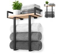 diceevil Wall Mounted Towel Rack with Wooden Shelf, Black | Metal construction, rolled linen storage, bathroom organisation, campervan use, decorative display, compact essentials