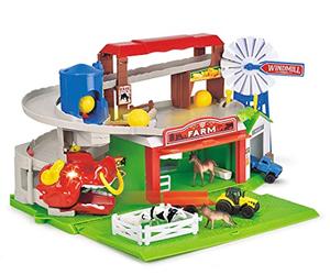 Dickie Toys Farm Playset and Parking Garage with Light and Sound, Includes Vehicles, Lift, Farm Animals and Hay Bales, for Children from 3 Years, 203739003, Multi-Colour