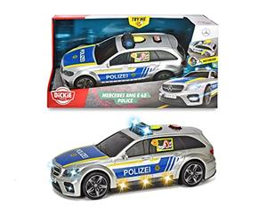 Dickie Toys Mercedes-AMG E43 police car, police, engine. Toy car, tailgate opens at the touch of a button with dog barking sound effect, batteries included, 30 cm, silver/blue (English or German)