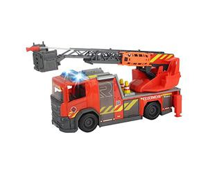 Dickie Toys Scania Rotary Ladder Fire Brigade, Water Spray Function, Rosenbauer, Light & Sound, Includes Batteries, with Extendable Swivel Ladder & Legs, 25 cm, Red
