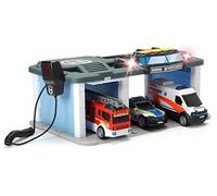 Dickie Toys SOS Rescue Station with Police, Fire Brigade and Ambulance, Station with Light & Sound, Microphone with Speaker Function, Gates to Open, Includes Batteries, 31 x 22 x 16 cm, Blue