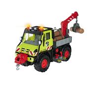 Dickie Toys - Unimog Wooden Transporter with Electric Winch and Crane Arm with Joystick Control, with Sound and Light, for Children from 3 Years, Multicoloured