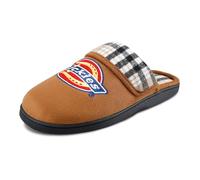 Dickies Men's Microsuede Plaid Fold-Over Scuff Slippers with Embroidered Logo Slippers, light brown, Medium