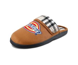 Dickies Men's Microsuede Plaid Fold-Over Scuff Slippers with Embroidered Logo Slippers, light brown, Medium