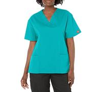 Dickies womensMultiple Patch PocketsEds Signature V-Neck Top with Multiple Patch Pockets Short Sleeves Medical Scrubs Shirt - Blue - X-Large