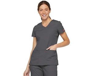Dickies womensMultiple Patch PocketsEds Signature V-Neck Top with Multiple Patch Pockets Short Sleeves Medical Scrubs Shirt - Gray - Large