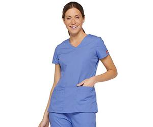 Dickies womensMultiple Patch PocketsEds Signature V-Neck Top with Multiple Patch Pockets Short Sleeves Medical Scrubs Shirt - Blue - X-Large