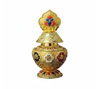 Dickly Alloy Decorative Bottle Tibetan Treasure Bottle Buddhist Offering Jar Lidded Vessel Embossed Sacred Motifs Enamel Detailing Suitable for altar decor, Gold, 18CM