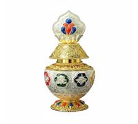 Dickly Alloy Decorative Bottle Tibetan Treasure Bottle Buddhist Offering Jar Lidded Vessel Embossed Sacred Motifs Enamel Detailing Suitable for altar decor, Gold And Silver, 18CM