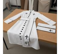 Dickly Priest Robe Button Front Cassock Stand Collar Cleric Uniform Cross Print Belt Polyester Clothing Suitable for Men Women Festival Stage Show Themed Gathering, White, 2XL