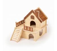 Dickly Small Rodent Playhouse Hamster House Shelter Nest Birch Wood Slot Tab Assembly With Smooth Rounded Openings Rustic Wood Grain Panels suitable for cage, Large Wooden House With Platform