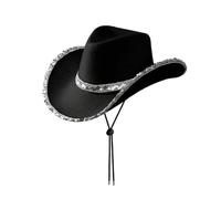 Dickly Women Party Hat Cowboy Hat Western Hat Sequin Hat Costume Hat With Glitter Edge And Chin Cord For Stability Non Woven lightweight at 115 g suitable, Black With Silver Trim, size to 2