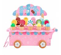 Dickly Wooden Pretend Ice Cream Cart Wheeled Ice Cream Cart with Pull Handle Child-Sized Pull Along Dessert Stand for, Playroom, Pink