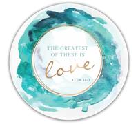 Dicksons 4 x 4 inch Ceramic Decorative Round Coaster with Non-Slip Cork Backing - 1 Corinthians 13:13 'The Greatest of These is Love' Aqua Teal Watercolor Absorbent Stone Drink Mat