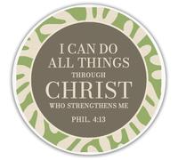 Dicksons 4 x 4 inch Ceramic Decorative Round Coaster with Non-Slip Cork Backing - Philippians 4:13 'I Can Do All Things Through Christ' Sage Green Abstract Stone Drink Table Mat