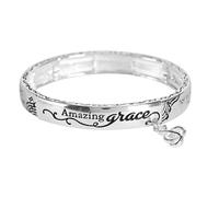 Dicksons Amazing Grace Engraved Music Note Charm Women's One Size Silver Plated Stainless Steel Four-Tile Stretch Bracelet
