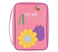 Dicksons Decorative Girls Zippered Bible Cover, Youth Book Case with Carry Handle for Church Travel, 9.5 x 7 Inch Denier Polyester Floral Bee You are Amazing Pink
