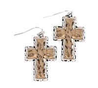 Dicksons Filigree Box 2-Tone Cross Drop Earrings for Women Gold & Silver Finish with Textured Inlay | Rustic Christian Religious Jewelry Giftable