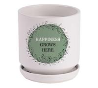 Dicksons Magnolia Garden 5.5-Inch Happiness Grows Here Ceramic Planter with Drainage Hole and Saucer - Botanical Green & White Indoor Flower Pot - Modern Boho Decorative Succulent Pot