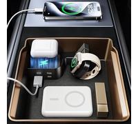 DICMKY Tesla USB Hub Charger & Center Console Organize for Model 3 Highland 2024-2025 & New Model Y Juniper 2026, 4-Port Docking Station for Phone/Headphones/Watch/Tablet Charging Storage Accessories